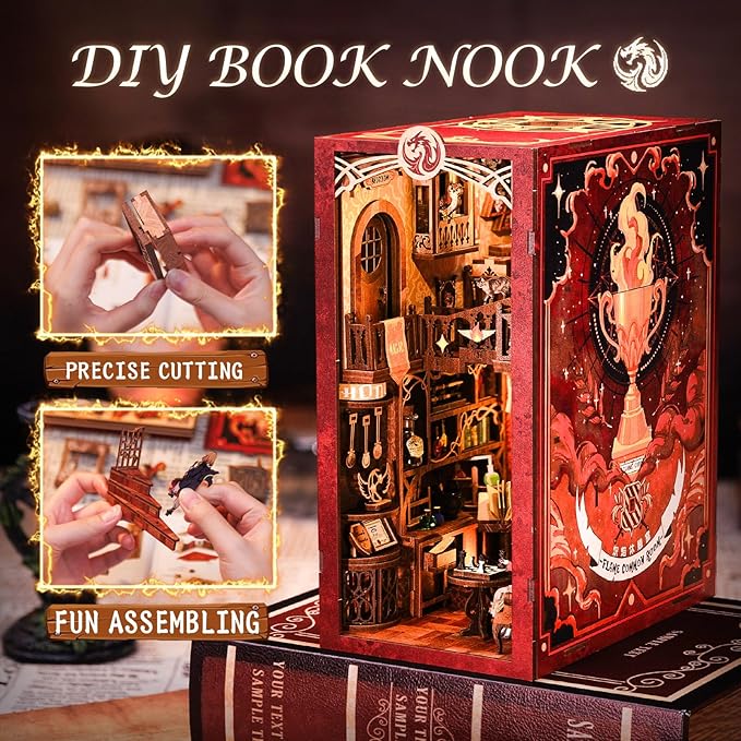 CUTEBEE Book Nook Kit - DIY Miniature House Dollhouse Kit for Adults, Booknook Tiny House Bookshelf Decor 3D Wooden Puzzle, Gifts for Family and Friends (Flame Common Room)