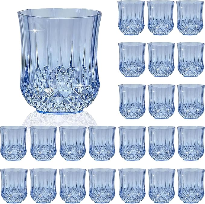 LEYIQU Stemless Wine Glasses, Plastic Reusable Cups Vintage Drinking Glasses Tumblers, Valentine’s Day Gifts for Couples, for Whisky, Beer, Juice, Beverages, Cocktai (24, Blue)