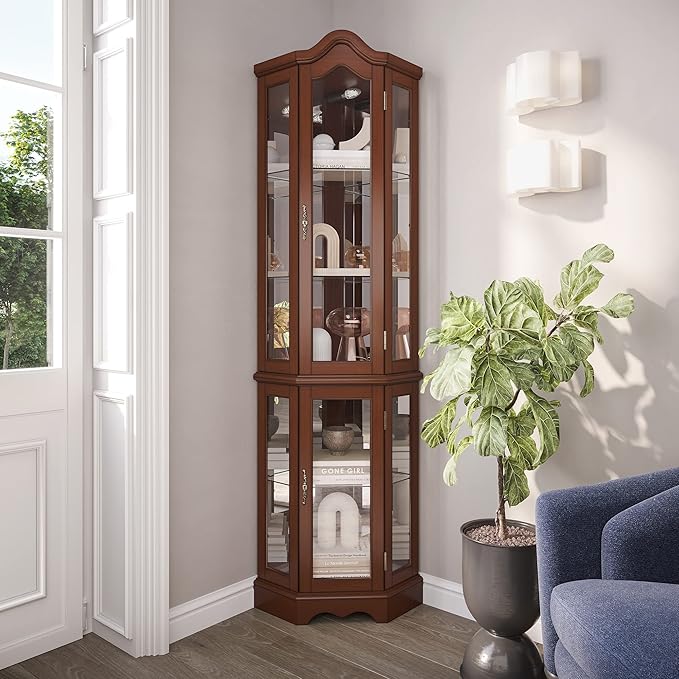 BELLEZE Lighted Corner Display Curved Top Curio Cabinet Wooden Shelving Unit with Tempered Glass Door, Bar and Liquor Storage Area with 5 Shelves - Loraine (Walnut)