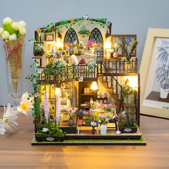 DIY Miniature House Kit, Fairy Dollhouse for Adults to Bulid,Tiny Home Making Kit with Wooden Furniture and LED, Halloween Decoration for Family and Friends (Darcy Flower House)