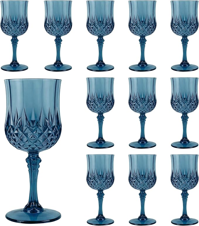 LEYIQU Plastic Wine Glasses, Plastic Goblets Vintage Style Cordial Drinking Glasses for Valentine’s Day, Wedding Reception, Grand Event Party Supplies (12, Navy Blue)