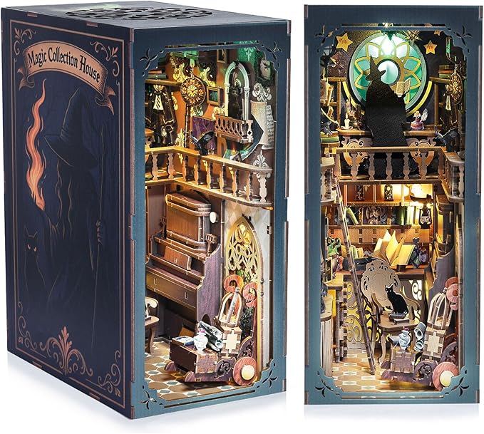 DIY Book Nook Kit Magic - Wizard and Cat Book Nook Kits for Adults, 3D Wooden Puzzle Miniature Fantasy Witch Potion Room Theme Bookshelf Decor, Creative DIY Craft for Teens