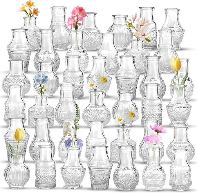 40pcs Bud Vases in Bulk - Clear Glass Bud Vase, Tiny Vases for Flowers, Small Vases for Centerpieces, Mini Vintage Flower Vase for Wedding Table Home Decoration