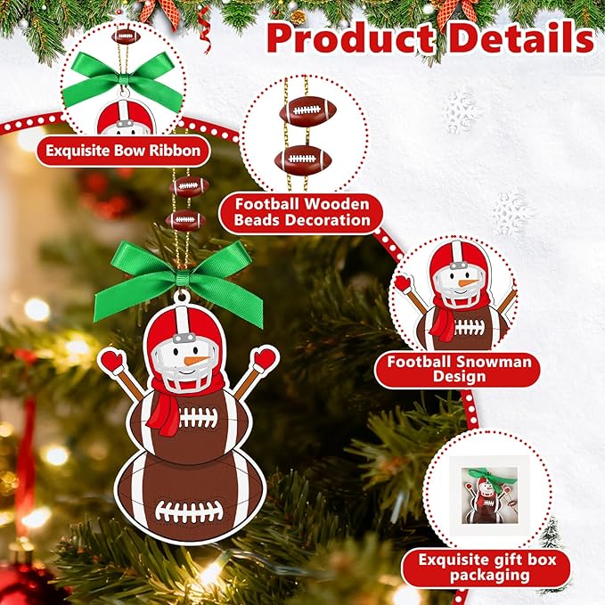 4.3 Inches Snowman Football Christmas Ornament, Wooden Football Snowman Tree Ornament Hanging Decoration for Rearview Mirror, Window, Eaves, Fireplace and Home Holiday Party Decor