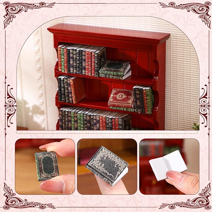 1:12 Scale Dollhouse Miniature Wooden Bookshelf Bookcase with 48 Pcs Miniature Books Mini Tiny Books for Dollhouse Mini Library Decoration Book Lover’s Reading Nook Gift(Red)