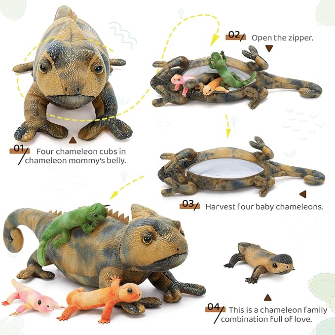 5Pcs Giant Lizard Plush, 27" Mother Iguana Stuffed Animal with 4 Baby Lizard Plushies, Bearded Dragon Plush Toy for Kids Boys Girls, Stuffed Chameleon for Christmas Birthday Gift, Gray