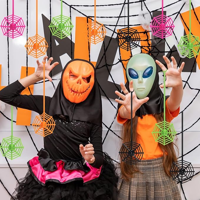 24 PCS Sticky Spider Web for Kids, 7.6 Inches Cobweb Sticky Hand Toys, Halloween Spider Party Favors for Goodie Bag Stuffers, Birthday, Classroom Prizes Supplies (4 Colors)