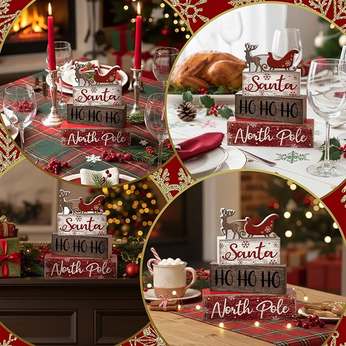 Moucuny 4 Pcs Reindeer Christmas Table Decor Wooden Reindeer Christmas Tiered Tray Decor Xmas Centerpiece Decorative Red Deer Pulled Sleigh Block Signs Gift Farmhouse Xmas Decoration for Home Kitchen