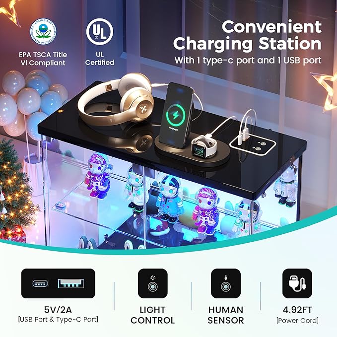 2pcs LED Clear Glass Display Case - for Figures & Collectibles, Small 2-Tier Display Cabinet with Charging Station, Display Box with Lights & Human Sensor, for Model Car, Perfume, Black