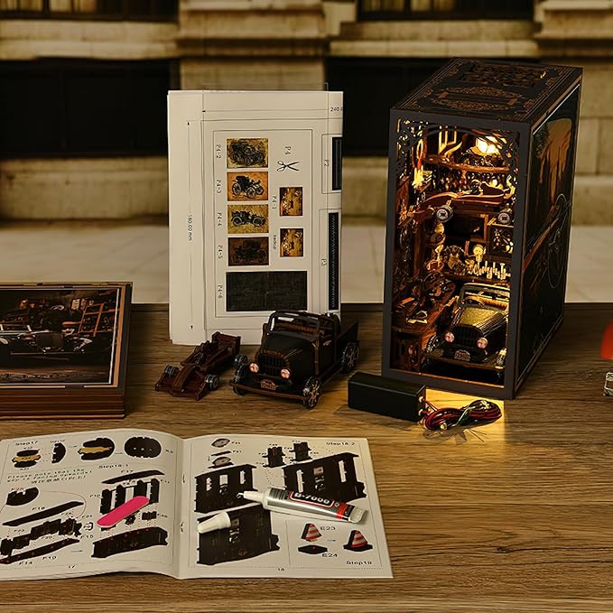 Book Nook Kit, 3D DIY Wooden Puzzle Dollhouse Kit for Adults & Teens, Book Nook Bookshelf Insert Decoration Bookend Miniature Kit with Sensor Light Creative Craft Home Decor, Vintage Car