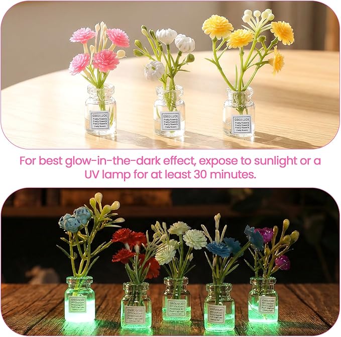 10 Pcs Dollhouse Miniatures Flowers Plants, 1:12 Tiny Small Glow in The Dark Glass Vase Flowers Plant House Decor, Faux Flower Model Miniature Dollhouse Accessories for Tiny Houses