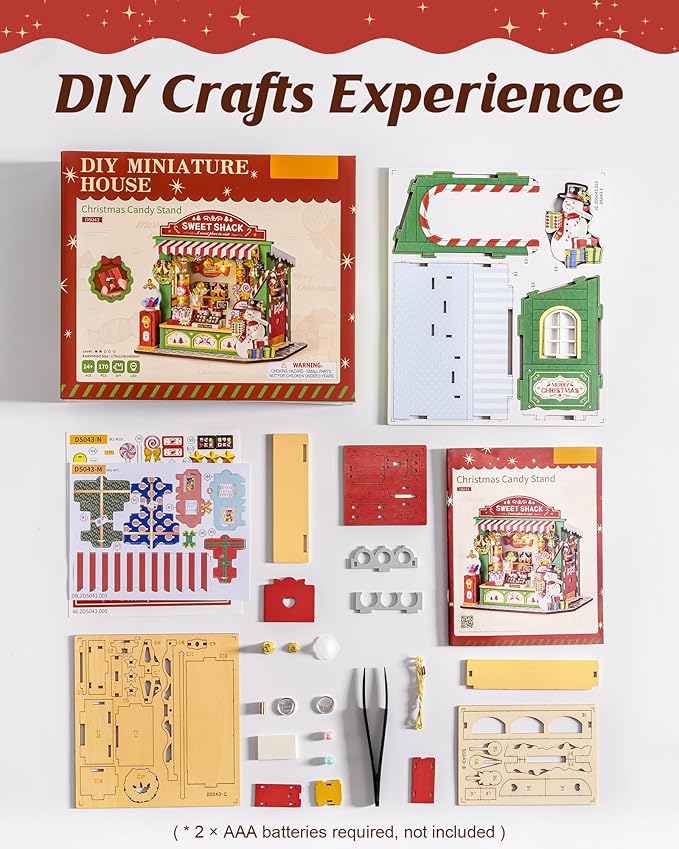 ROBOTIME DIY Miniature House Kit for Adult and Teens, Tiny House Building Kit for Family and Friends, Mini Wooden Dollhouse Kit for Halloween/Christmas/Birthday Gifts (Christmas Candy Stand)