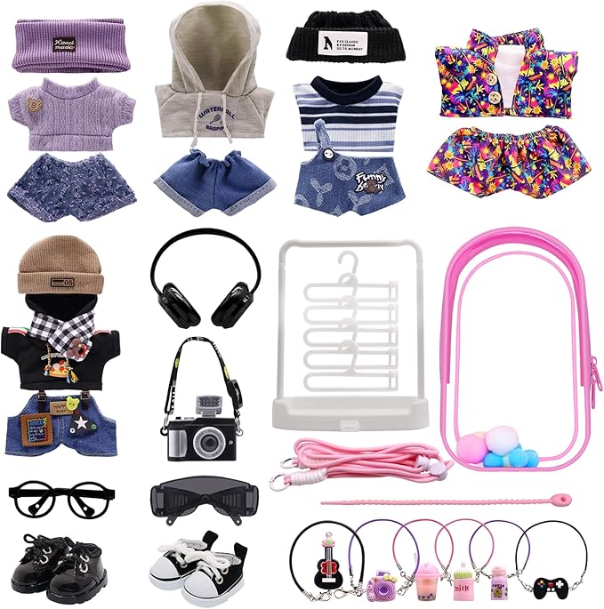 Clothes for Labubu, 23-Piece Clothes and Accessories Set Designed for Labubu Doll Clothes, Includes Display Bag, Clothes Rack, Headphones, Camera, Glasses, Shoes, and 6 Mini Accessories - Style A