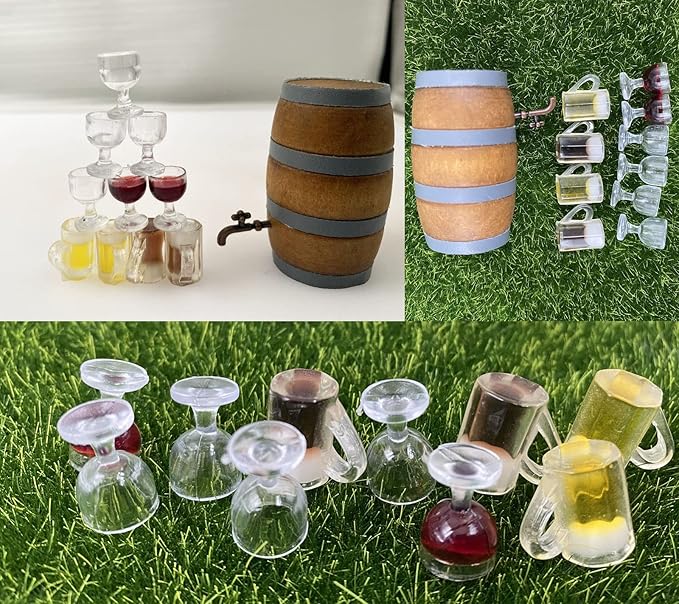 Cayway Miniature Drink Set - 8 PCS Accessories, 1 PCS Wooden Beer Barrel, White & Beer Glasses for Fairy Garden Pub Bar Decoration