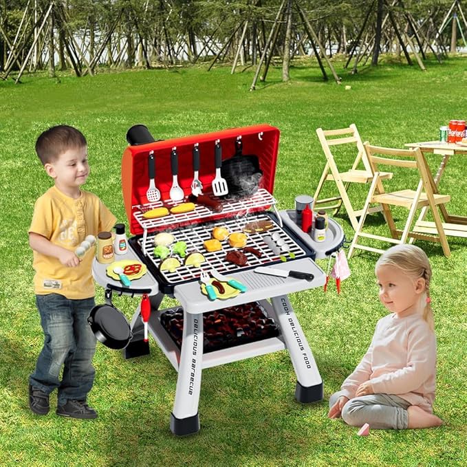 Kids BBQ Grill Playset, Play Kitchen Toys Grill with Smoke Sound Light Simulation Pretend Play Food for Toddlers 3-5 Camping Cooking Set Birthday Gifts Christmas for Grandkids