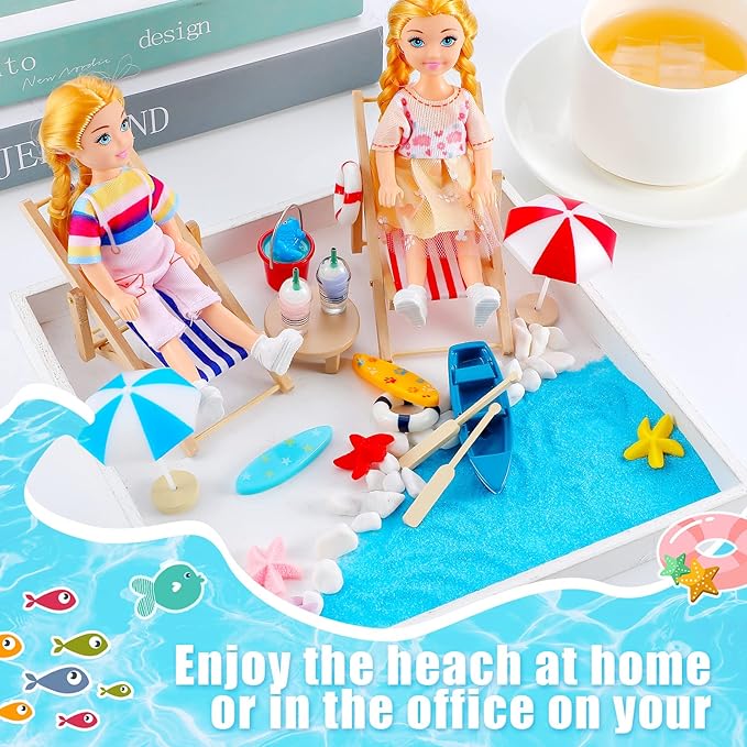 Minatee 25 Pcs Beach Miniature Dollhouse Decoration, Umbrella Palm Chair Miniature Toys Garden Dollhouse Outdoor Accessories Beach Decorations for DIY Garden Plant Pool(Red, Blue)