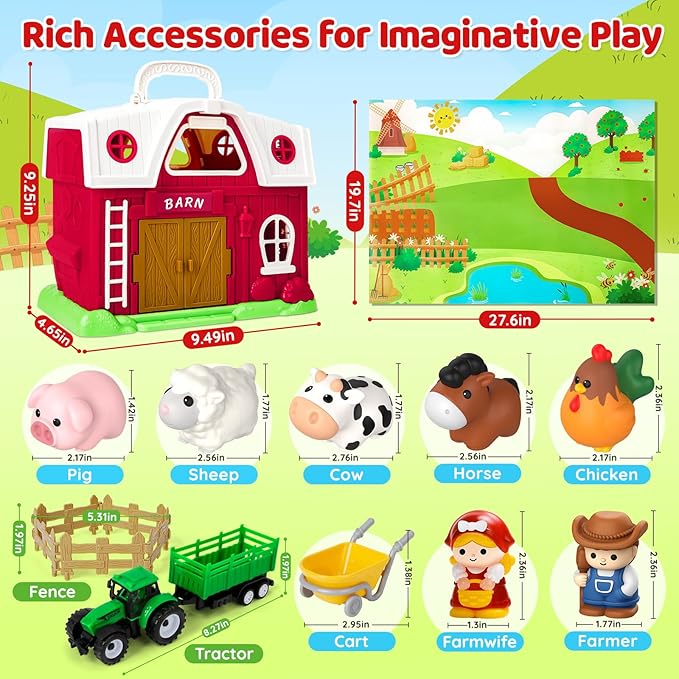 Farm Animal Toys for 1 2 3 Year Old Toddlers, Big Red Barn with Farm Mat & Animals & Tractor Toy for Boys Girls, Montessori Learning Interactive Barn Set for Kids 1-3, Ideal Christmas Birthday Gifts