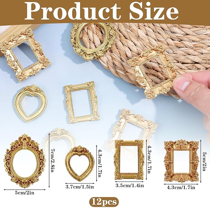 Sibba 12 Pcs Miniature Dollhouse Accessories Vintage Gold Resin Frames Set 1/12 Scale Dollhouse Frames with Carved Details Mini Frame for Wall Hanging Desktop Display Jewelry Showcase DIY Crafts Décor