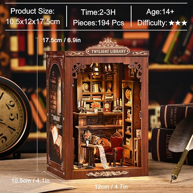 Book Nook Kit，DIY Miniature Dollhouse Kit for Adults and Teens，3D Wooden Tiny House for Family and Friends，Bookshelf Decor in Halloween/Christmas（Book Store） (Twilight Library)