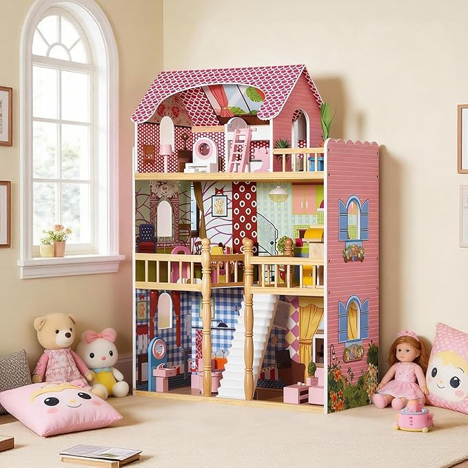 3 Story Wooden Doll Cottage with Balcony, Stairs & 14 Furniture Accessories | Large Multi-Level Dollhouse Playhouse for 5 Inch Dolls | Creative Educational Toy for Boys & Girls Ages 3+