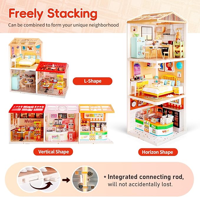 Hallisun LED Building Blocks for Adults, 1:24 DIY Miniature Dollhouse Kits with Roof & Dustproof Cover, Tiny House Toy Building Sets for Kids Ages 8-12-15, Birthday Hobbies Gift for Men Women Boy Girl