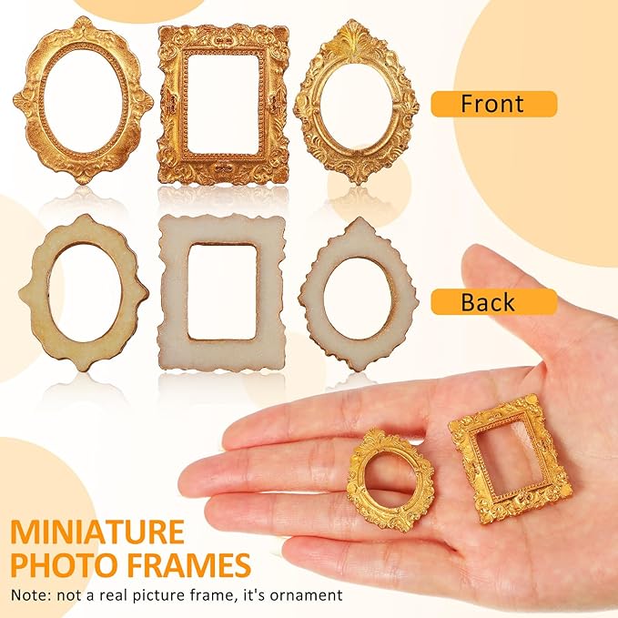 Toyvian Miniatures Vintage Picture Frames: 18pcs Mini Gold Frames Ornaments Crafts, DIY Mini Resin Photo for 1 12 Scale Dollhouse Decor, Photography Wall Display, Tiny Antique Photo Accessories