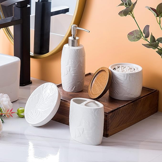 Bathroom Accessories Set,Leaf Design Bathroom Accessory Set,4 PCS Ceramic Gift Set Apartment Necessities, Contain Cotton Swab Jar,Soap Dispenser,Soap Dish,Tumbler White