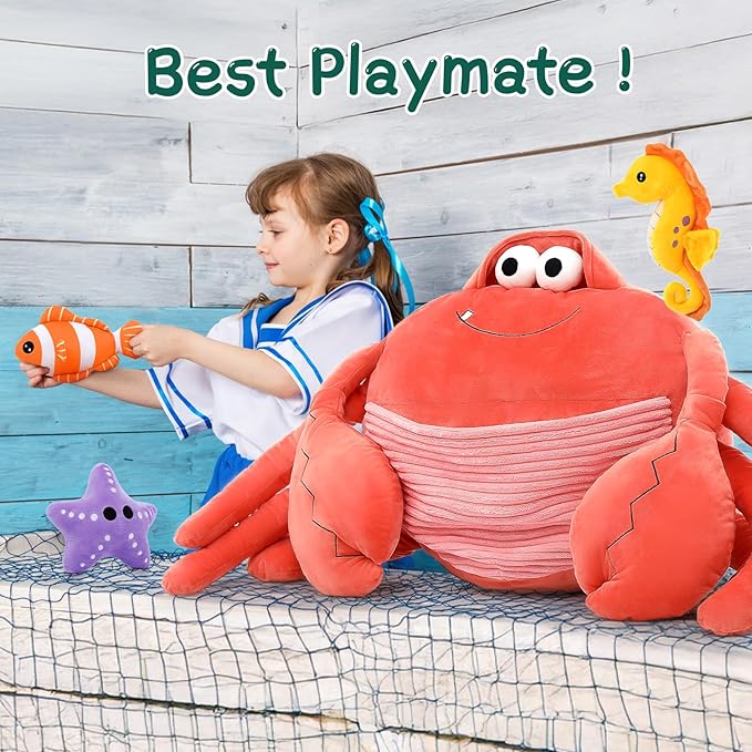 4Pcs Giant Crab Plush Toy Set, 43.3" Weighted Crab Stuffed Animal with 3 Small Cute Stuffed Sea Animal, Seahorse Starfish Clownfish Plushies Gift for Kids, Under The Ocean Party Favor, Red