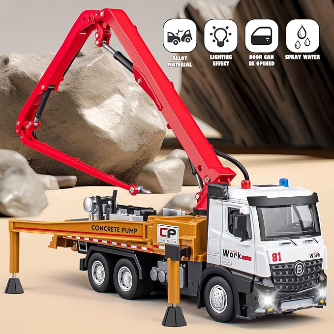 Concrete Pump Truck Toy Metal Cab, Diecast Construction Trucks with Working Water Pump, Lights and Sounds, Construction Vehicles Toys for 3 4 5 6 Years Old Boys Kids, 12.8"