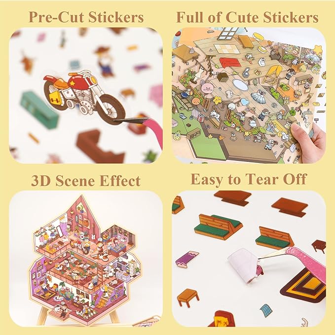 Extra Large Scene Sticker Set Include 4 Big Size 3D DIY Sticker with Background Card & Tweezer: Party Theme Isometric Miniature Creative Play Kit, Gifts for Teens Adult Stress Relief Pass Time