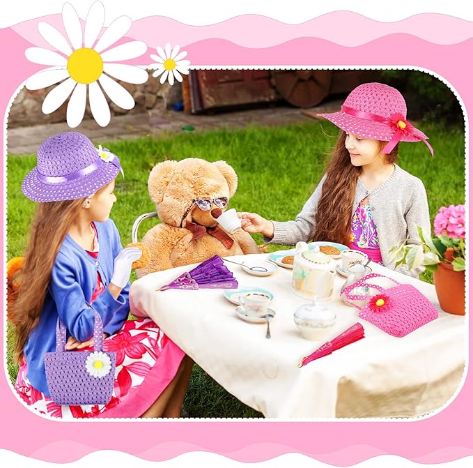 10 Pcs Girls Tea Party Set Includes Tea Party Hats Bonnets Fan Gloves Small Pink Purse Feather Boas Dress up Sets for Little Girls Kids Children Birthdays Easter Party Supplies Accessories