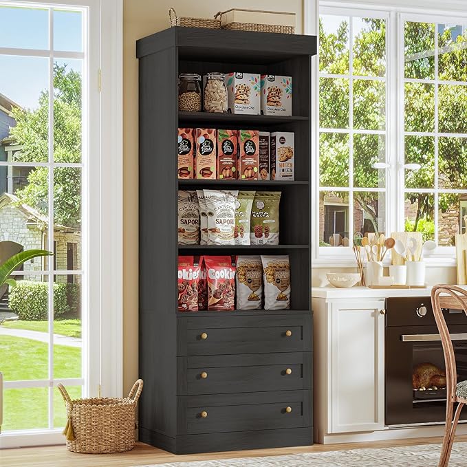 71" Tall Farmhouse Kitchen Pantry, Large Storage Cabinet with Glass Doors, Adjustable Shelves, 3 Drawer, Wood Versatile Hutch Cabinet for Dining Room, Living Room, Black 3 Pcs