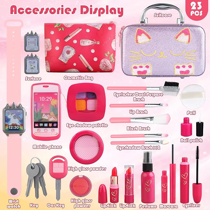 Woumserta Girl Gift Pretend Makeup for Toddlers 3-5 4-6, Fake Makeup Set with Cat Commetic Case, Play Makeup for Kids Age 3 4 5 Year Old, Toddler Make Up Kit for Little Girls Birthday