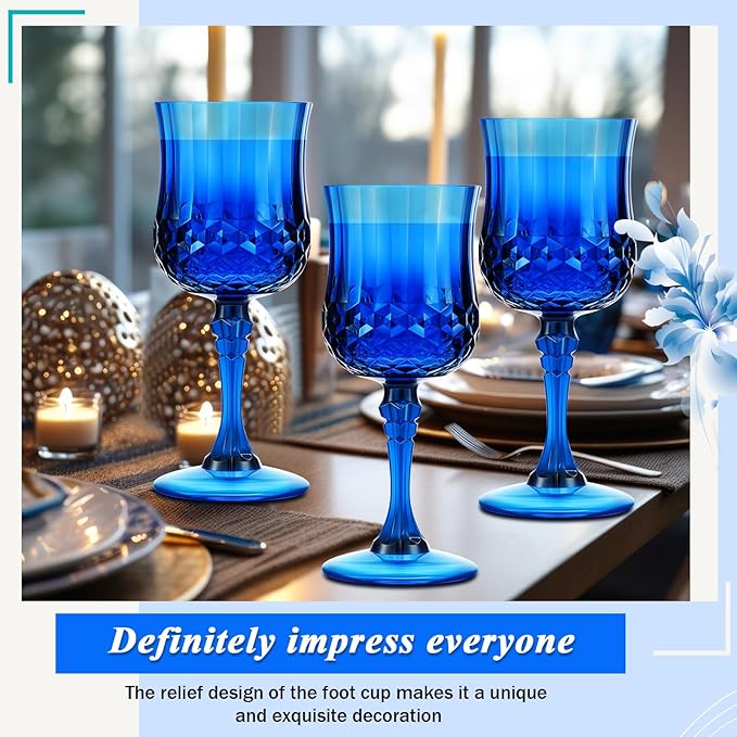Pinkunn 50 Pcs 7 oz Plastic Vintage Wine Glasses Reusable Colored Goblets Patterned Drinking Water Glasses Cup Dishwasher Safe for Valentine's Day Wedding Reception Party Supplies (Dark Blue)