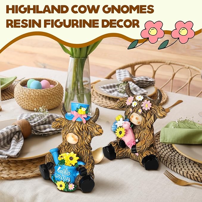 Burbell 2 Pack Spring Highland Cow Resin Figurine Spring Bathroom Highland Cow Gnomes with Flower Starfish Resin Statue for Garden Table Shelf Home Decor Calf Gnome Herd Gifts