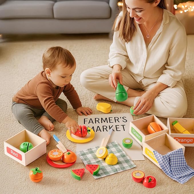 ROBOTIME Play Food Toys for Kids, Pretend Wooden Toy Food with Cutting Fruit Toys, Knife, Plate, Napkin and Fruit Sorting Storage Box, Play Kitchen Accessories, Color & Fruit Recognition for Kids 3+