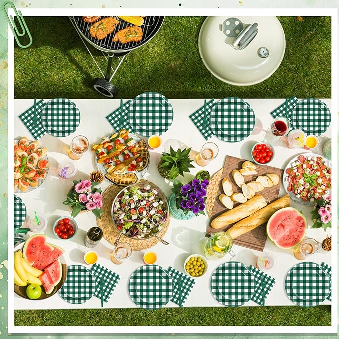 96Pcs Green Gingham Party Decorations Green and White Checkered Birthday Themed Tableware Gingham Plaid Plates Napkins Forks Picnic BBQ Dinnerware Supplies for Baby Shower Birthday Serves 24 Guests