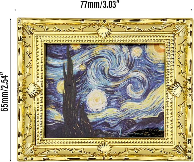 6PCS Mini Framed Art Dollhouse Wall Art Set – 1:12 Scale Miniature Framed Picture Painting, Vintage Golden Antique Gold Frames Oil Photo for Gallery Home Decor Accessory, Tiny Van Gogh Monet Artwork