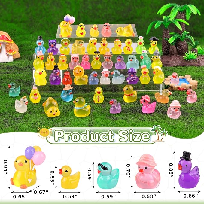 50PCS Mini Resin Animals Assorted Styles Tiny Ducks Glow in Dark,Miniature Duck Figures to Hide,Little Animal Bulk for Topper Desk Garden Landscape Aquarium DIY Crafts & Decor