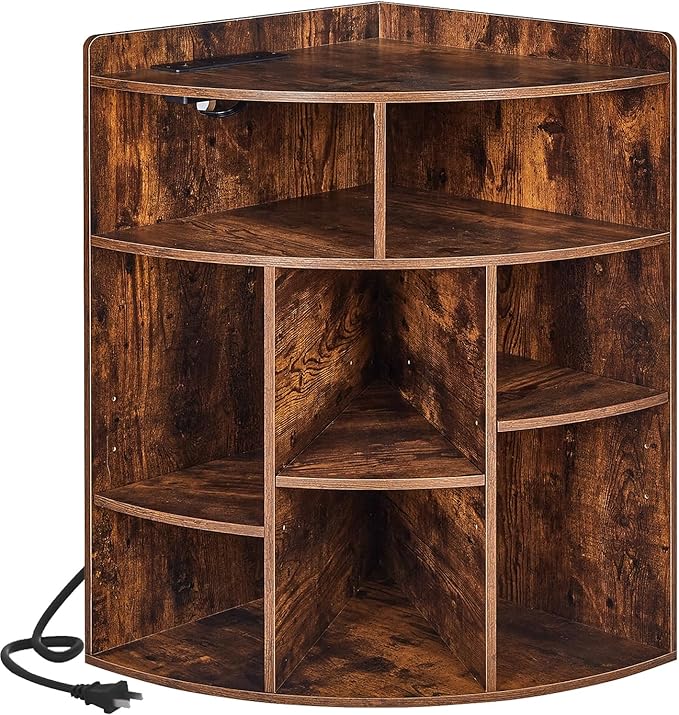 VECELO Corner Cube Shelf with USB Ports & Outlets, Modern Corner Toy Storage Rack with Adjustable Shlef, Wooden Display Bookshelf Bookcase for Living Room, Bedroom, Dining Room, Kitchen, Brown