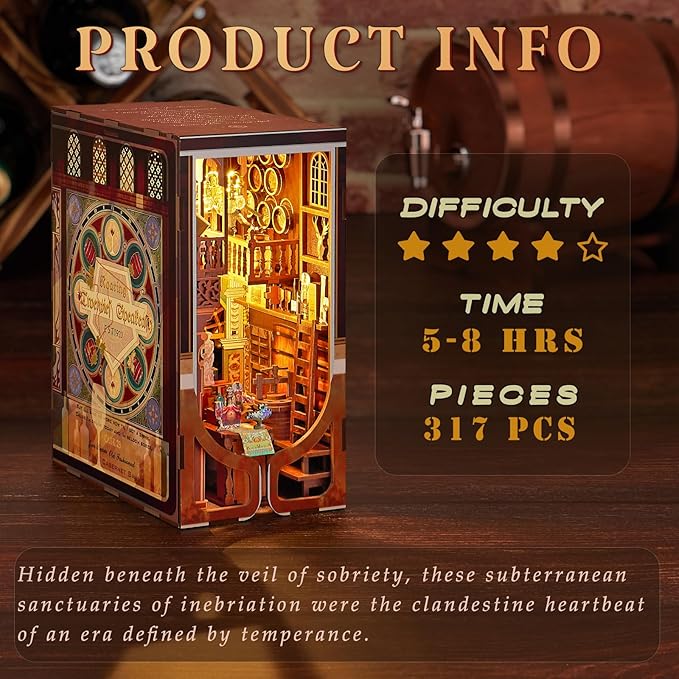 Book Nook Kit, DIY Miniature Dollhouse Booknook Kit, 3D Wooden Puzzle Bookend Bookshelf Insert Decor with LED Light for Teens and Adults (Roaring Twenties Speakeasy)