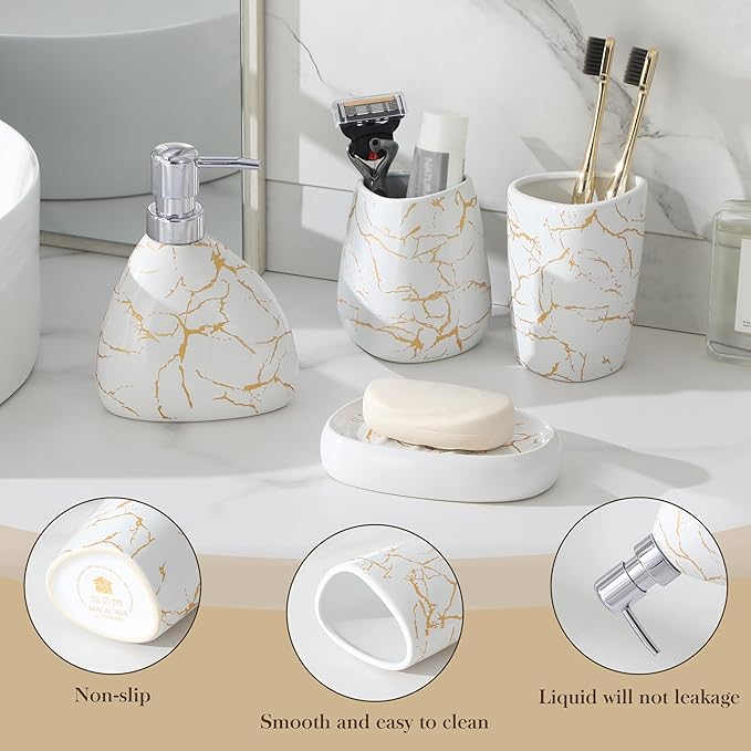 MALACASA Bathroom Accessories Sets 4 Pcs, Cream Soap Dispenser and Farmhouse Toothbrush Holder, Soap Dish with Storage Cup, Durable Ceramic Bathroom Decor for Morden Apartment, White Gold