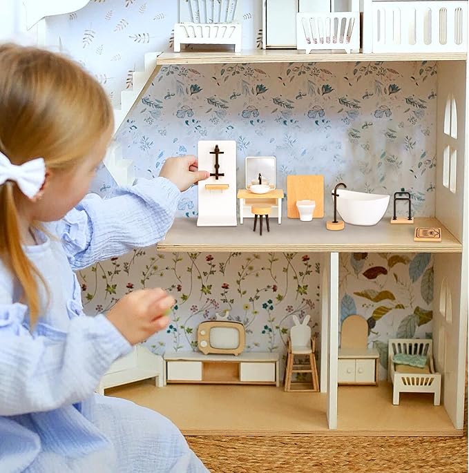 DOITOOL Miniature Dollhouse Bathroom Set : 8PCS Bathroom Furniture Stuff 1:12 Scale Mini Shower Room Accessories Doll House Decoration Home Decor