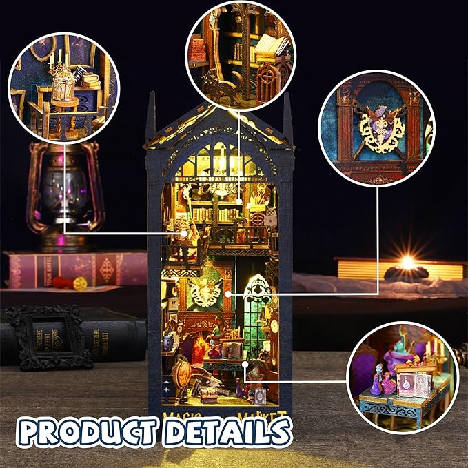 Kisoy Book Nook Kit, 3D Wooden Puzzle Booknook Build Bookshelf Decor, DIY Miniature House Kit for Adults and Teens, Mini House Arts & Craft Gifts for Family and Friends (Magic Market)