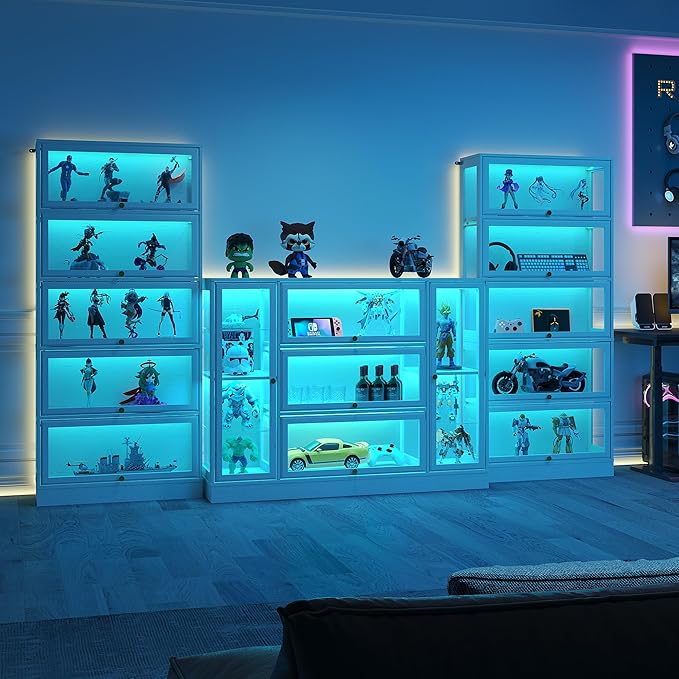 Display Cabinet with Acrylic Glass Doors,Extra Wide Curio Cabinet with LED Lighting for Collectibles, Collectibles Toy Organizers Rack & Display Shelf Display Case, White