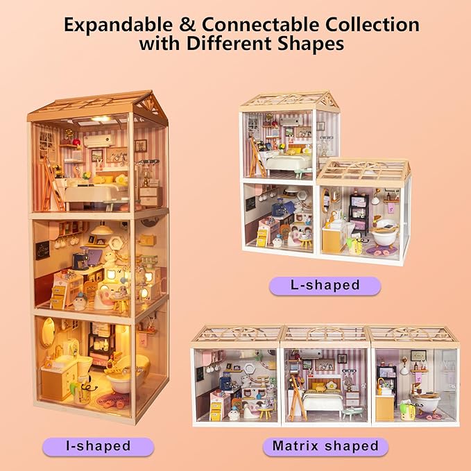 DIY Miniature House Kit with Roof & Dust Covers, Creative Construction Toys with Light & Furniture for Mini Figures, Christmas Decoration Gift for Teens Adults (Bathroom)