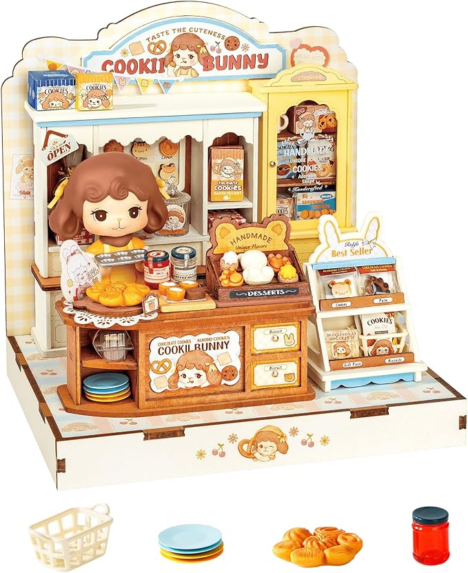ROBOTIME DIY Miniature House Kit, Dollhouse Building Kit, Mini Wooden Furniture Kit for Adults, Birthday Christmas Craft Hobbies Gift（Cookii Bunny's Cookie Shop）