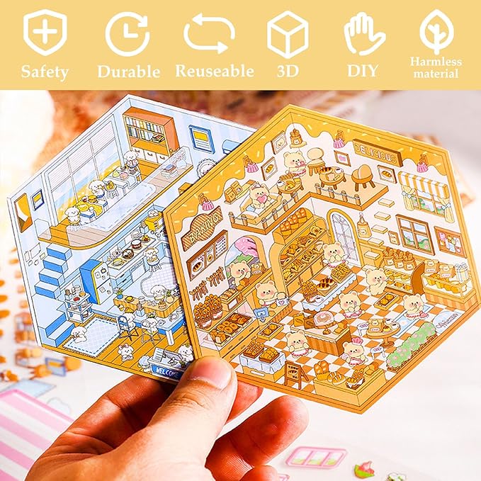 DIY 3D Sticker Scene, Stocking Stuffer, 6 Sets of Stickers for Girls Make Your Own Mini Room Scene Stickers for Kids Cute Kawaii Sticker Therapy for Adult Relief Stress, Holiday & Christmas Fun