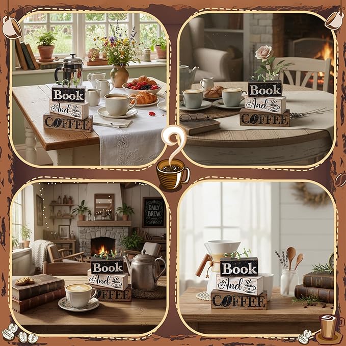 Moucuny 4 Pcs Farmhouse Wooden Tabletop Decor Farmhouse Coffee Tiered Tray Decor Rustic Eucalyptus Leaves Wood Block Sign Gift Sweet Home Centerpiece Home and Café Table Decoration