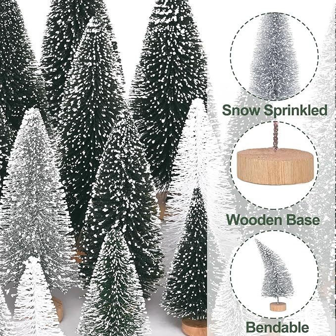 Waipfaru Christmas Table Decor, 30 Pcs Bottle Brush Christmas Trees, White Mini Christmas Trees, Farmhouse Pine Trees for Xmas Tabletop Crafts Indoor Home Decorations (Sliver & White)